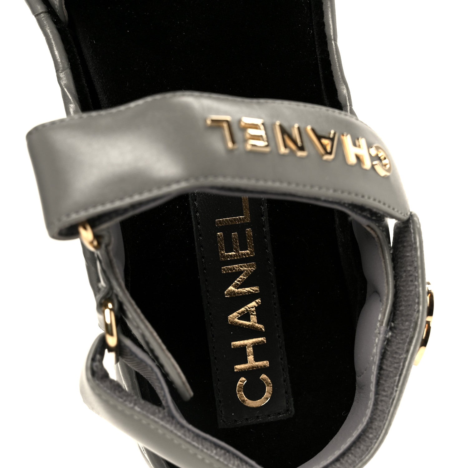 Chanel Shiny Calfskin Logo Platform Sandals 36 Grey 1848958