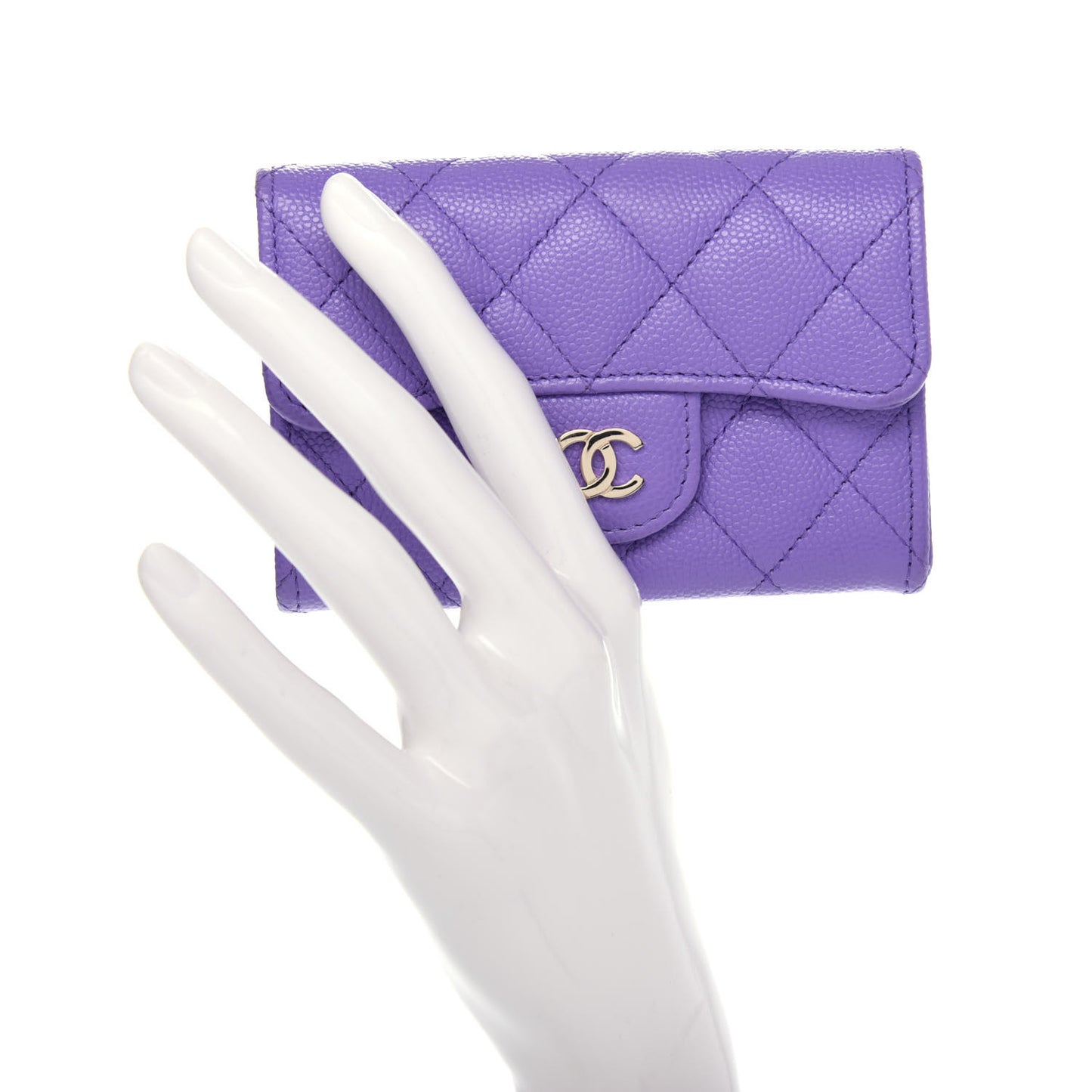 Caviar Quilted Flap Card Holder Wallet Purple