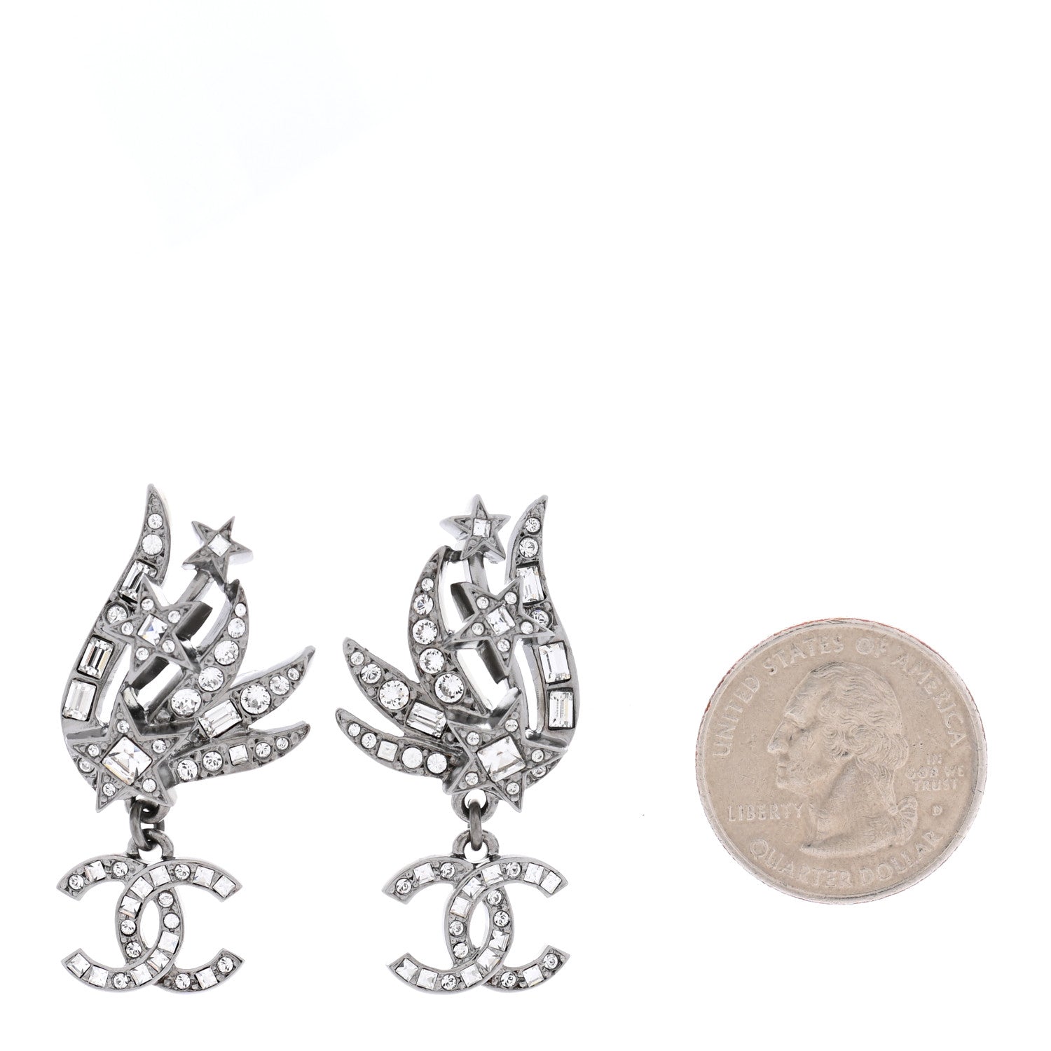 Chanel Crystal Baguette CC Wing Star Earrings Silver 2 of 5