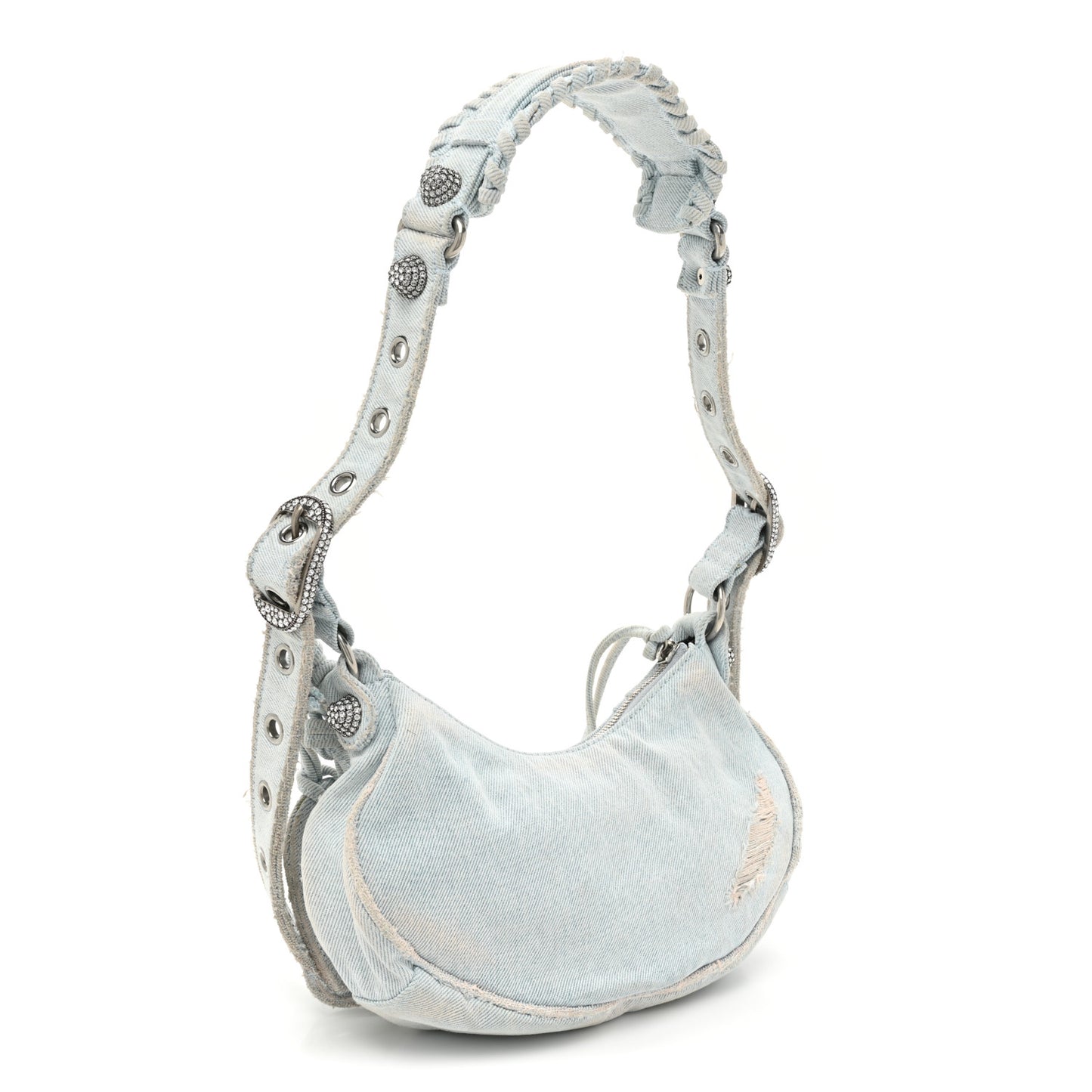 Washed Frayed Denim Crystal XS Le Cagole Shoulder Bag Pale Blue
