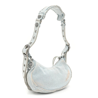 Balenciaga Washed Frayed Denim Crystal XS Le Cagole Shoulder Bag Pale Blue 3 of 9