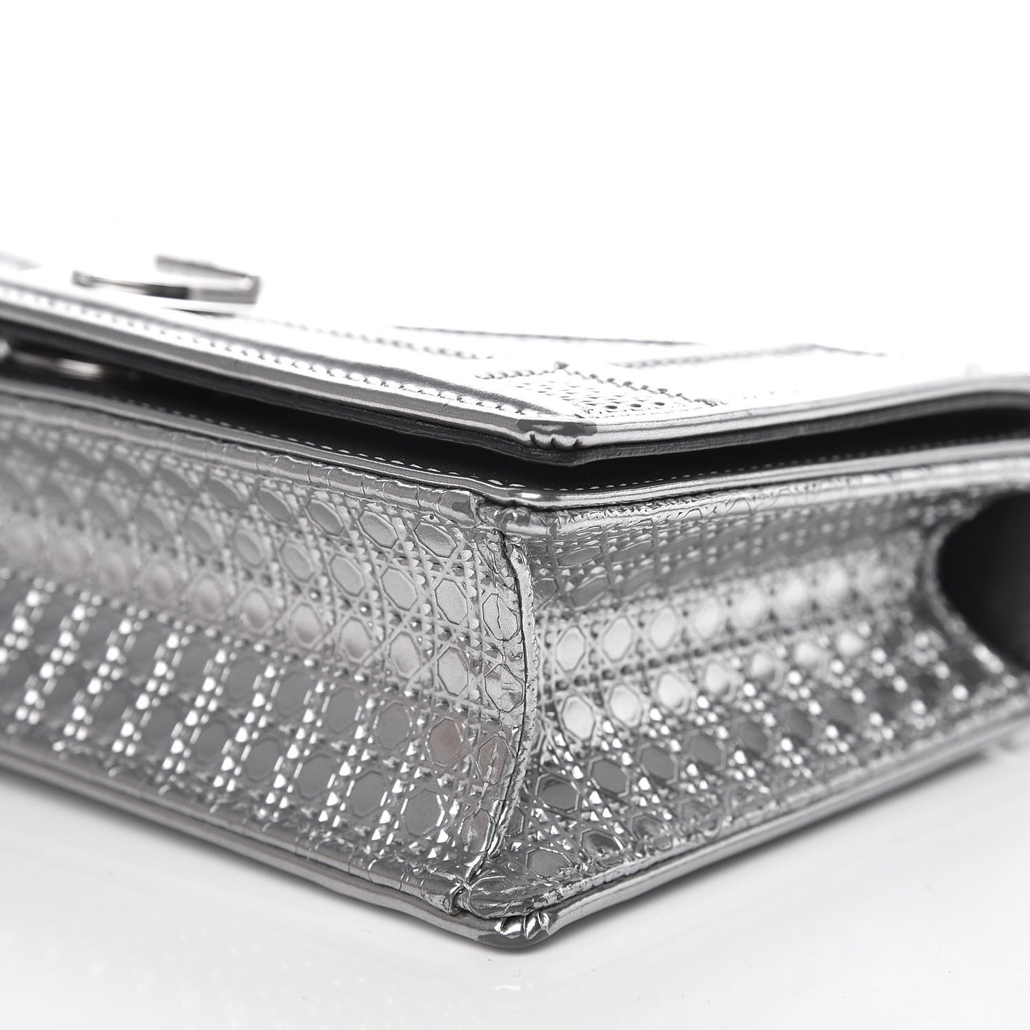 Metallic Patent Micro-Cannage Baby Diorama Flap Bag Silver