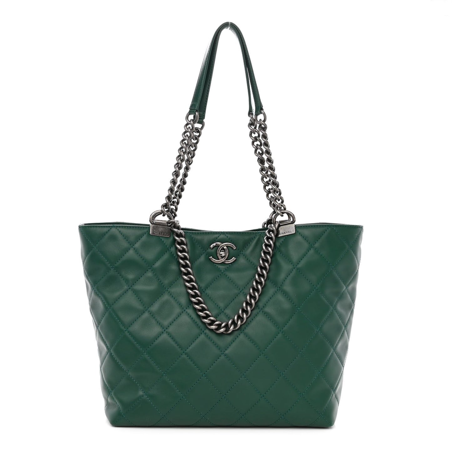 Calfskin Quilted Large Shopping In Chains Tote Green