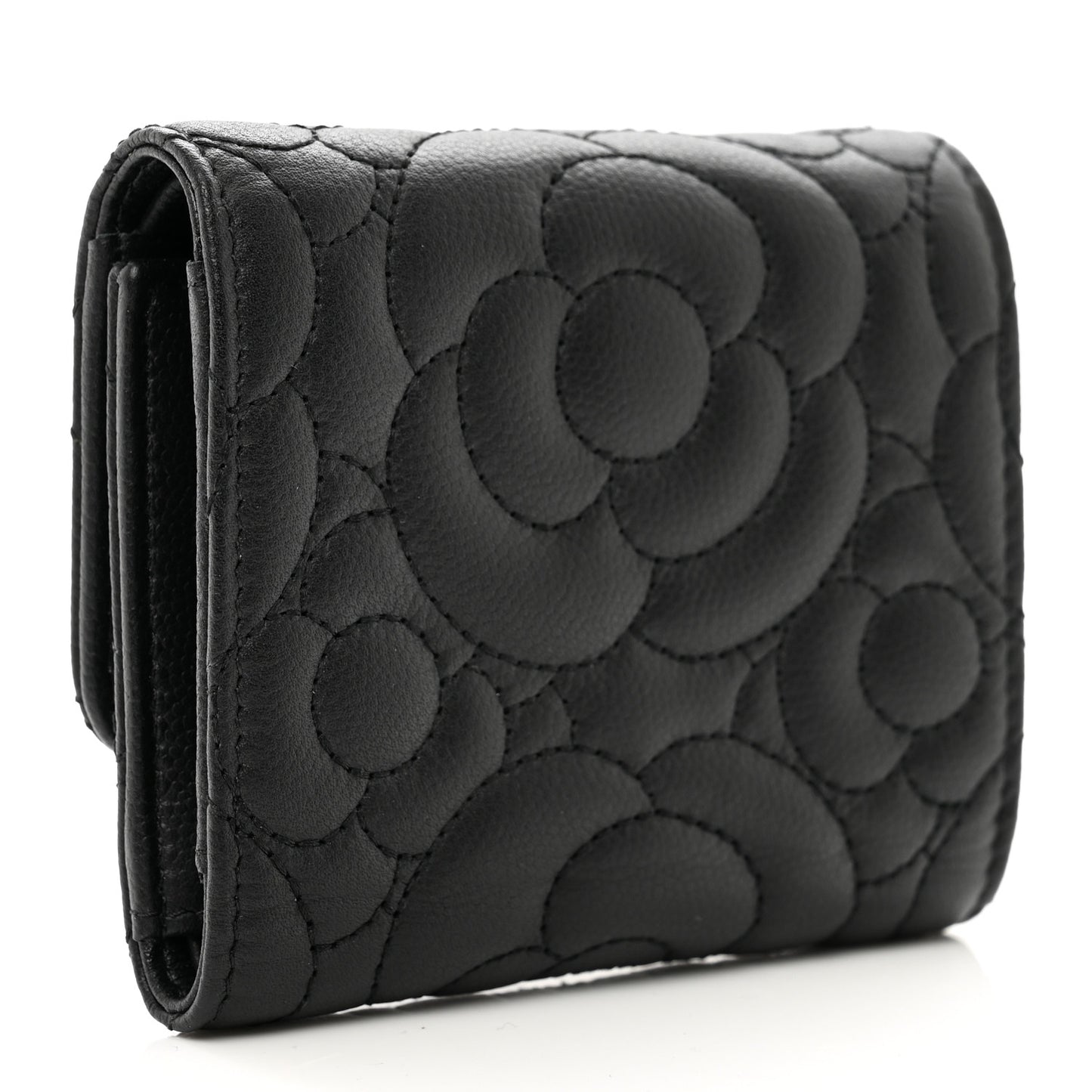 Caviar Camellia Embossed Compact Wallet Black
