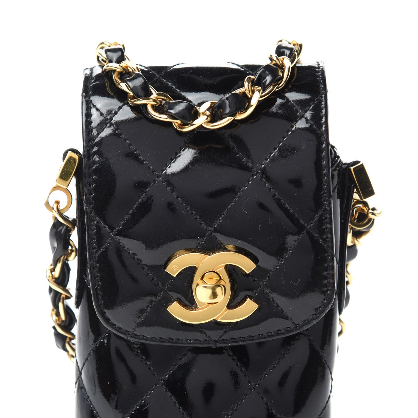 Patent Calfskin Quilted CC Phone Holder Black