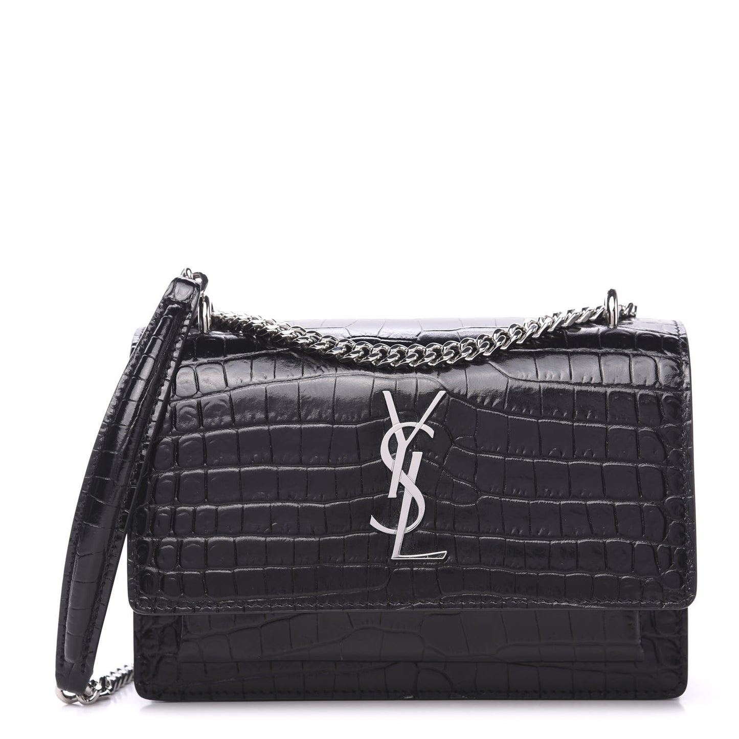 Calfskin Crocodile Embossed Monogram Sunset Chain Wallet Black
