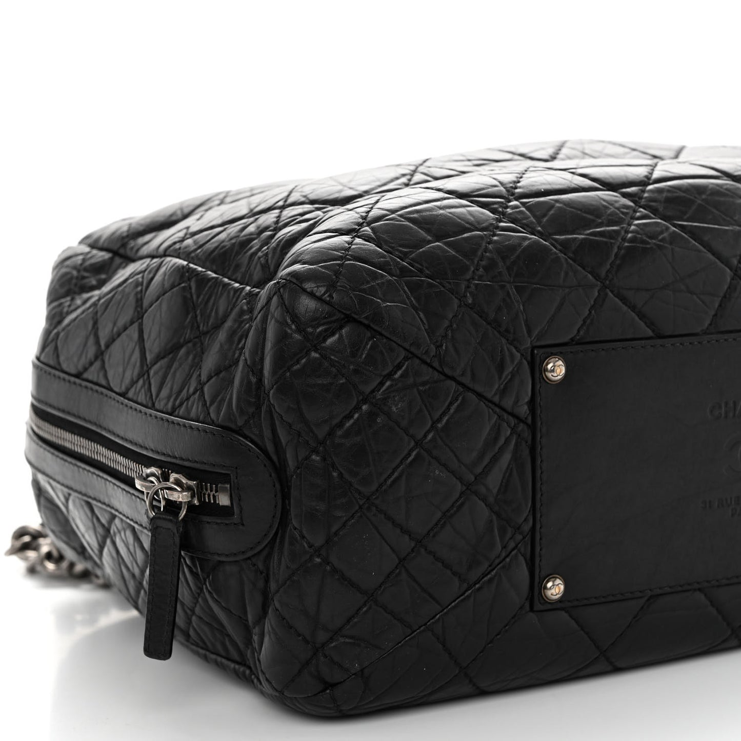 Aged Calfskin Quilted Large Secret Tag Bowling Bag Black