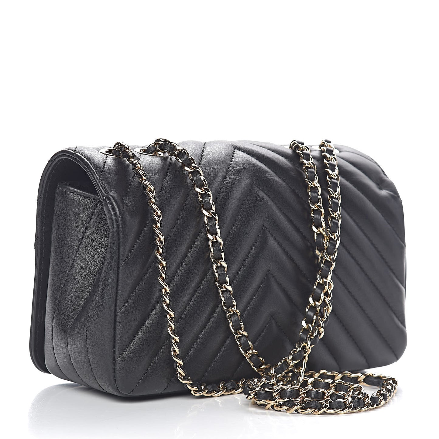 Calfskin Chevron Quilted Mini Statement Flap Black