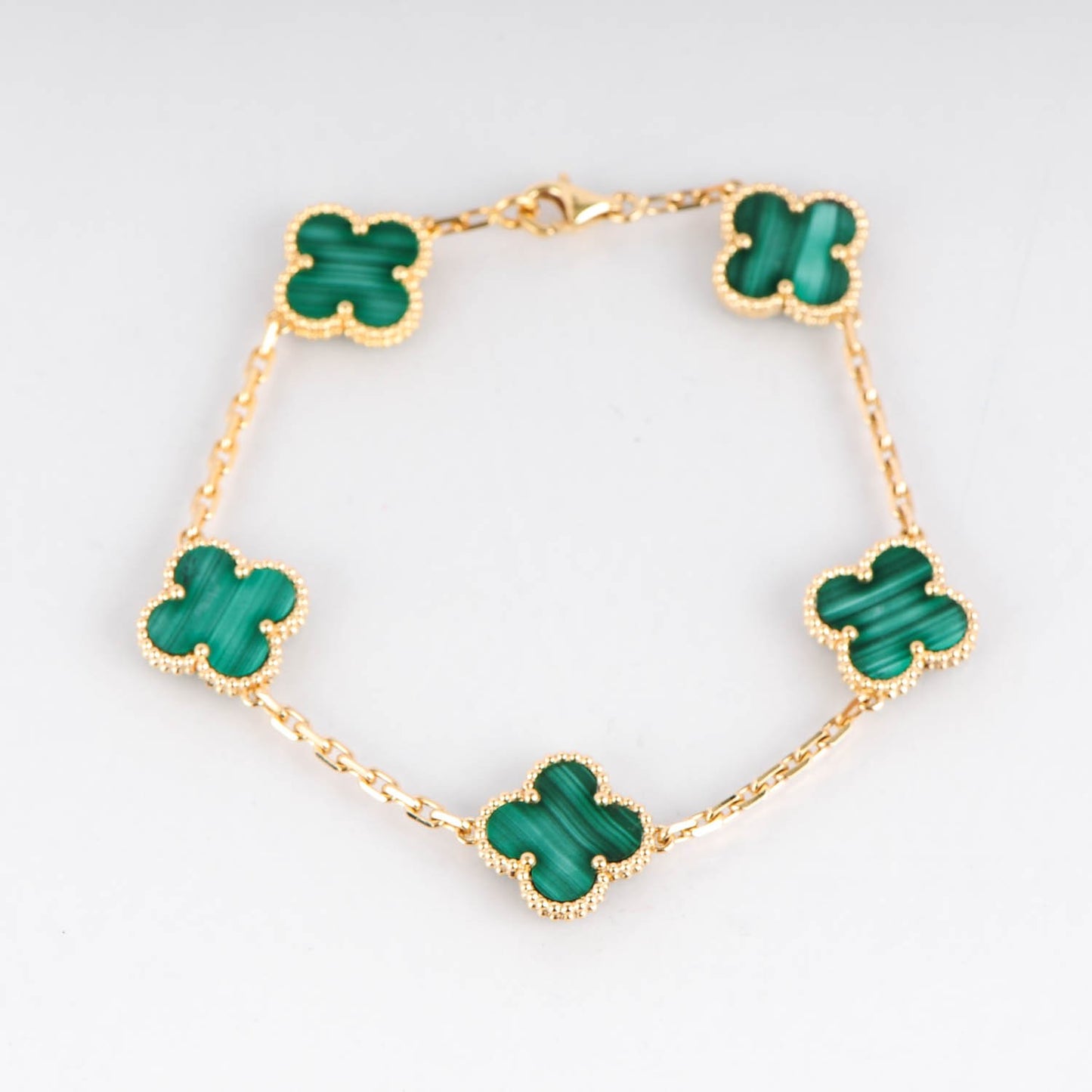 18K Yellow Gold Malachite 5 Motifs Vintage Alhambra Bracelet