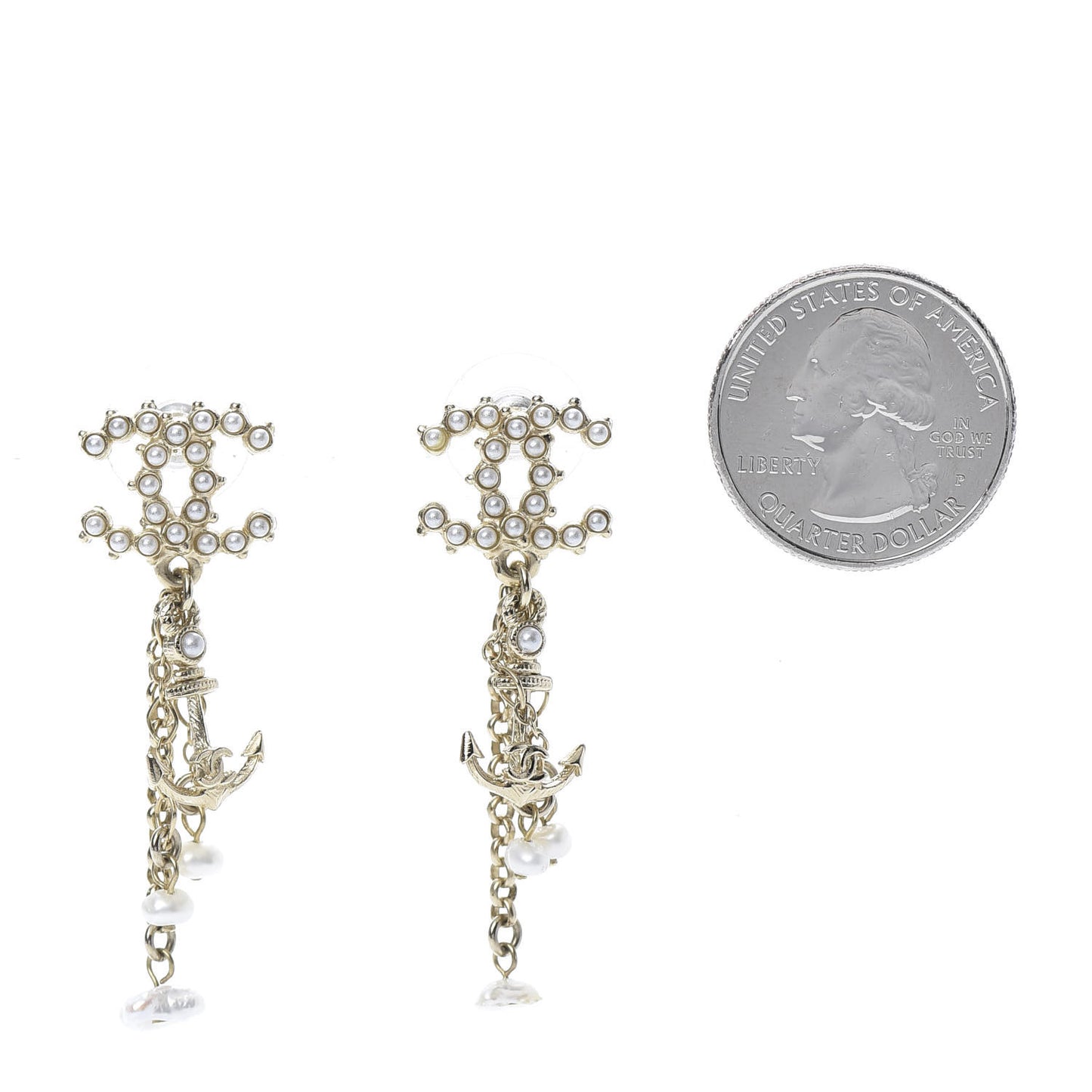 Pearl Chain CC Anchor Drop Earrings Pearly White Gold