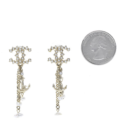 Chanel Pearl Chain CC Anchor Drop Earrings Pearly White Gold 2 of 4