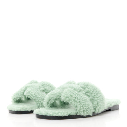 Hermes Woolskin Oran Sandals 36.5 Vert D’eau 3 of 8