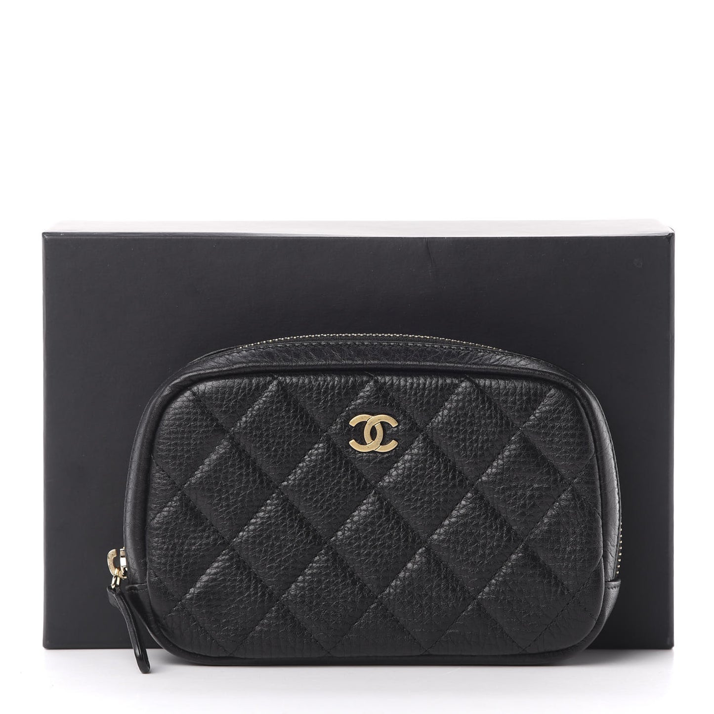 Grained Calfskin Quilted Small Curvy Pouch Cosmetic Case Black