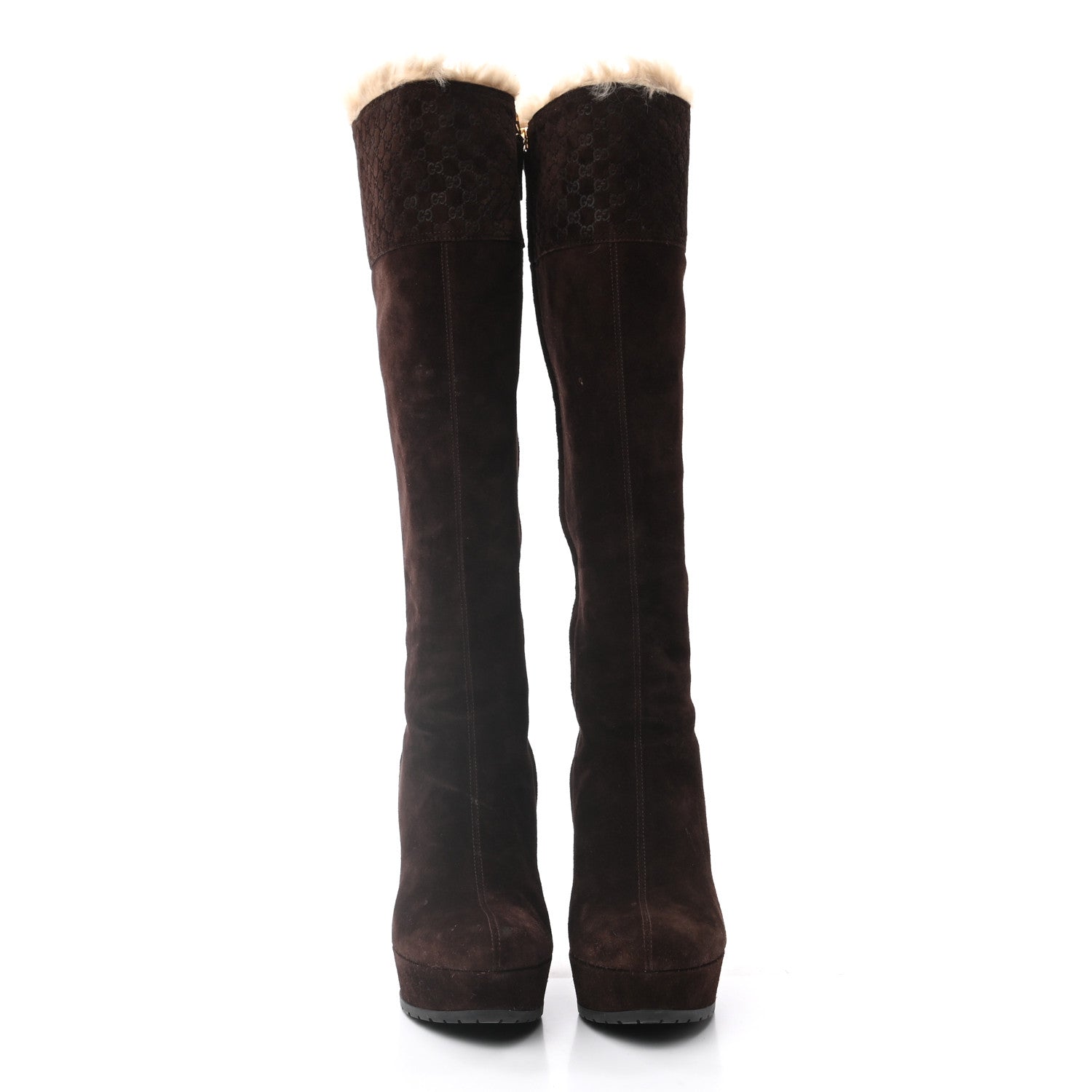 Gucci Suede Shearling Fur Microguccissima Courtney Tall Wedge Boots 36.5 Cocoa 2 of 13