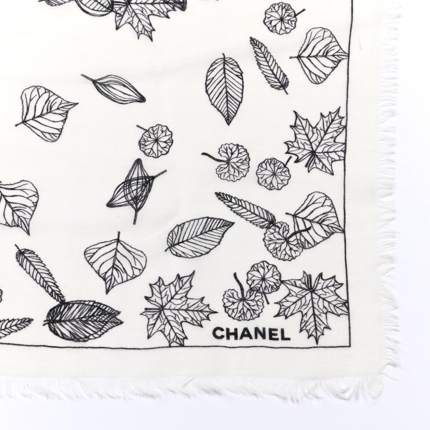 Chanel Cashmere CC Logo Leaves Scarf White Black 3 of 10