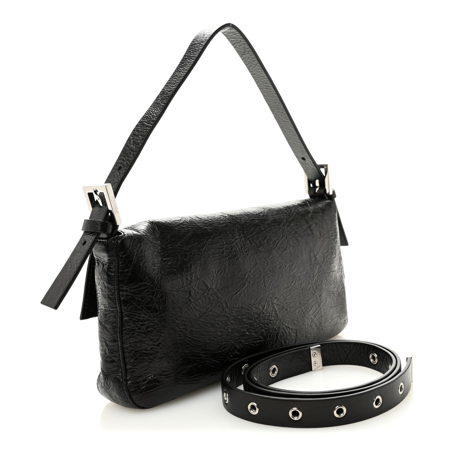 Fendi Crackled Calfskin Baguette 26424 Black 3 of 10