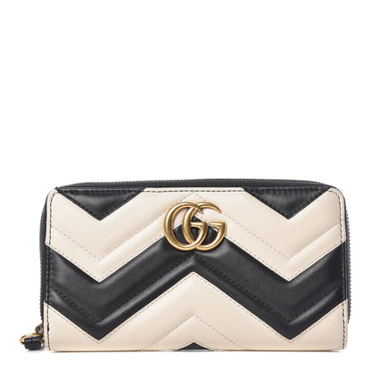 Gucci Calfskin Matelasse GG Marmont Zip Around Wallet Black White 1 of 8