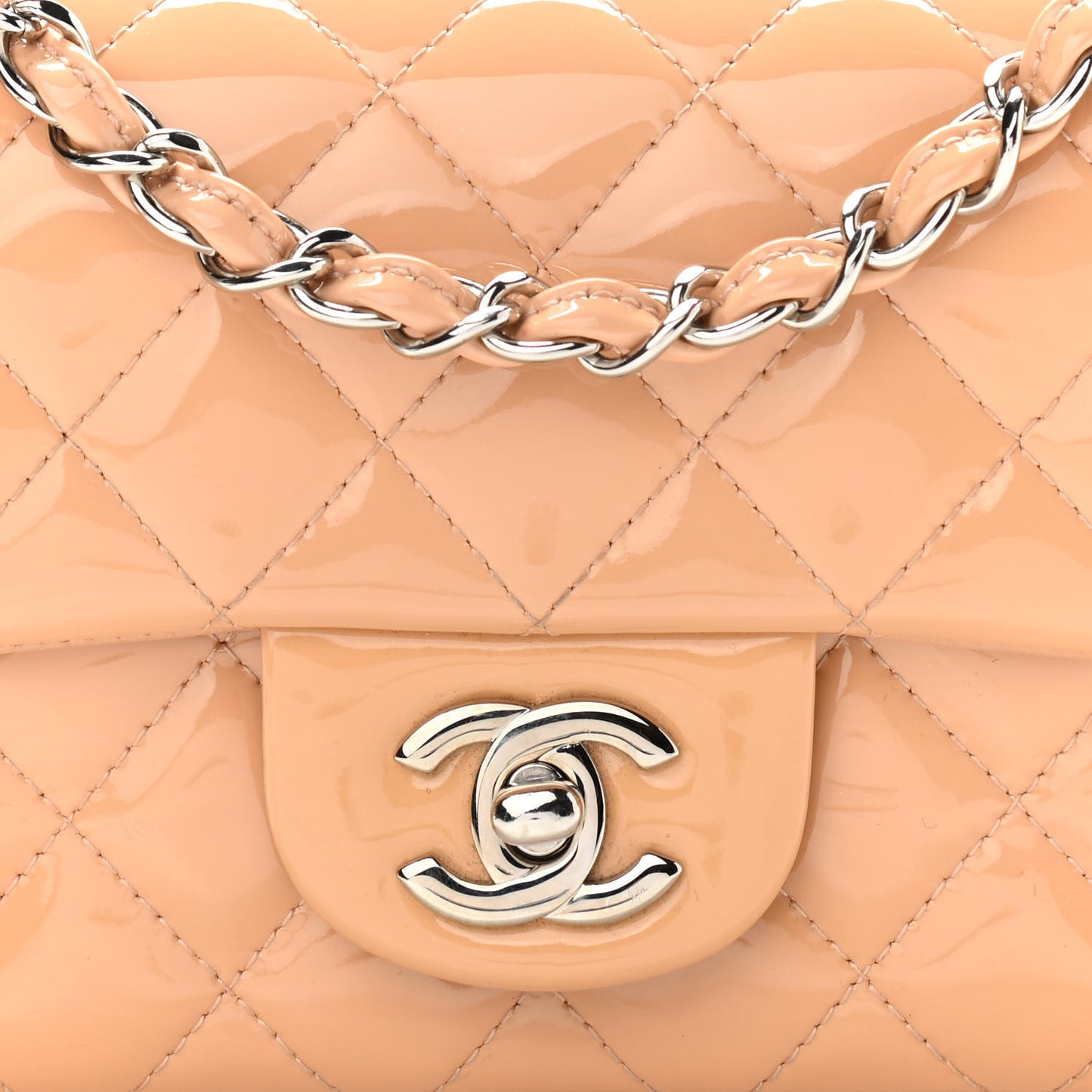 Patent Calfskin Quilted Mini Rectangular Flap Beige