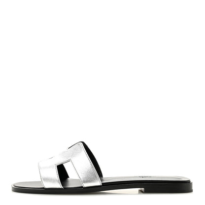 Hermes Metallic Chevre Oran Sandals 37.5 Gris Argente 1 of 10
