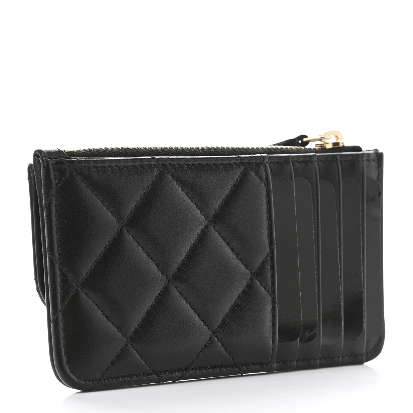 Lambskin Quilted Flap Zip Card Holder Black