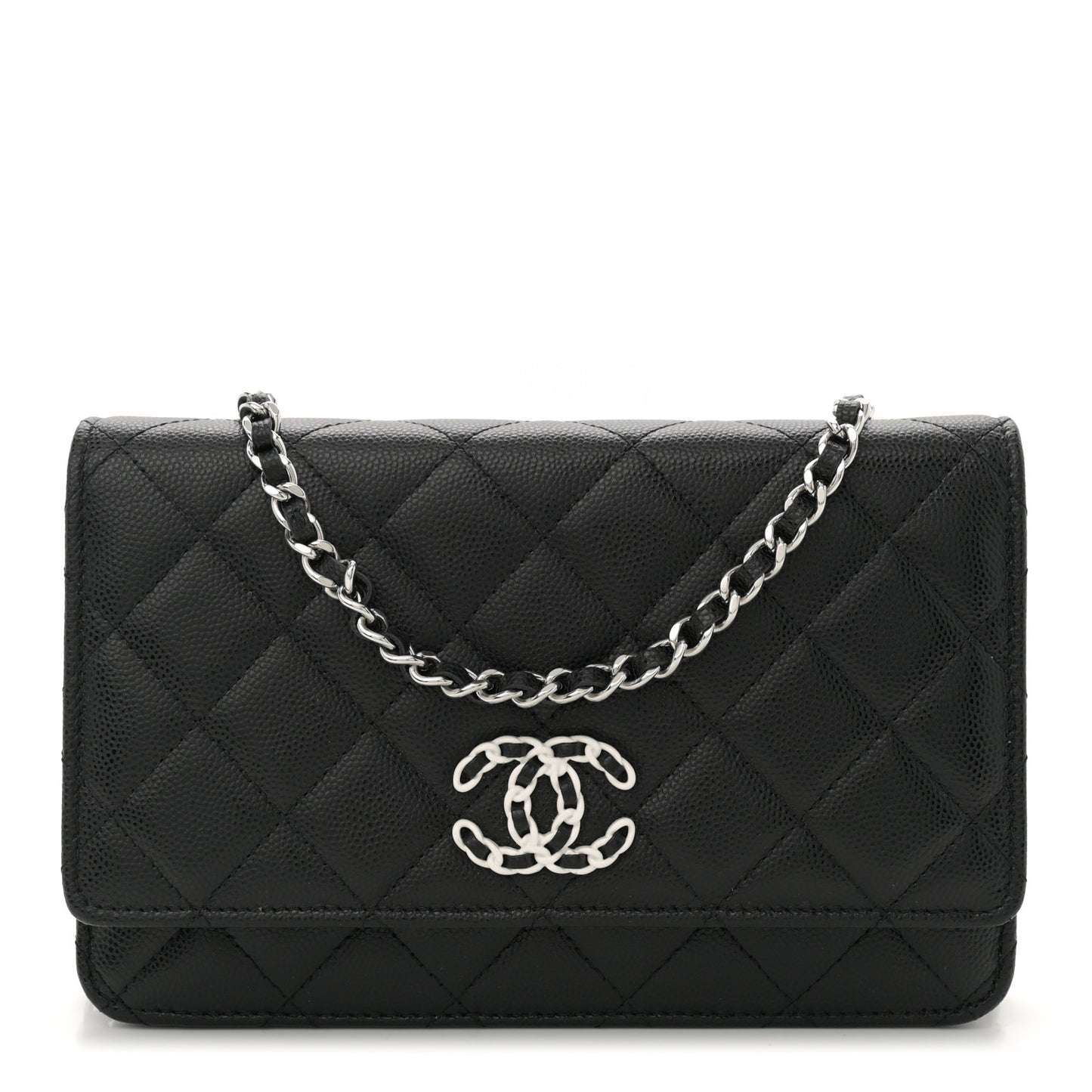 Caviar Quilted Chanel 19 Wallet On Chain WOC Black White