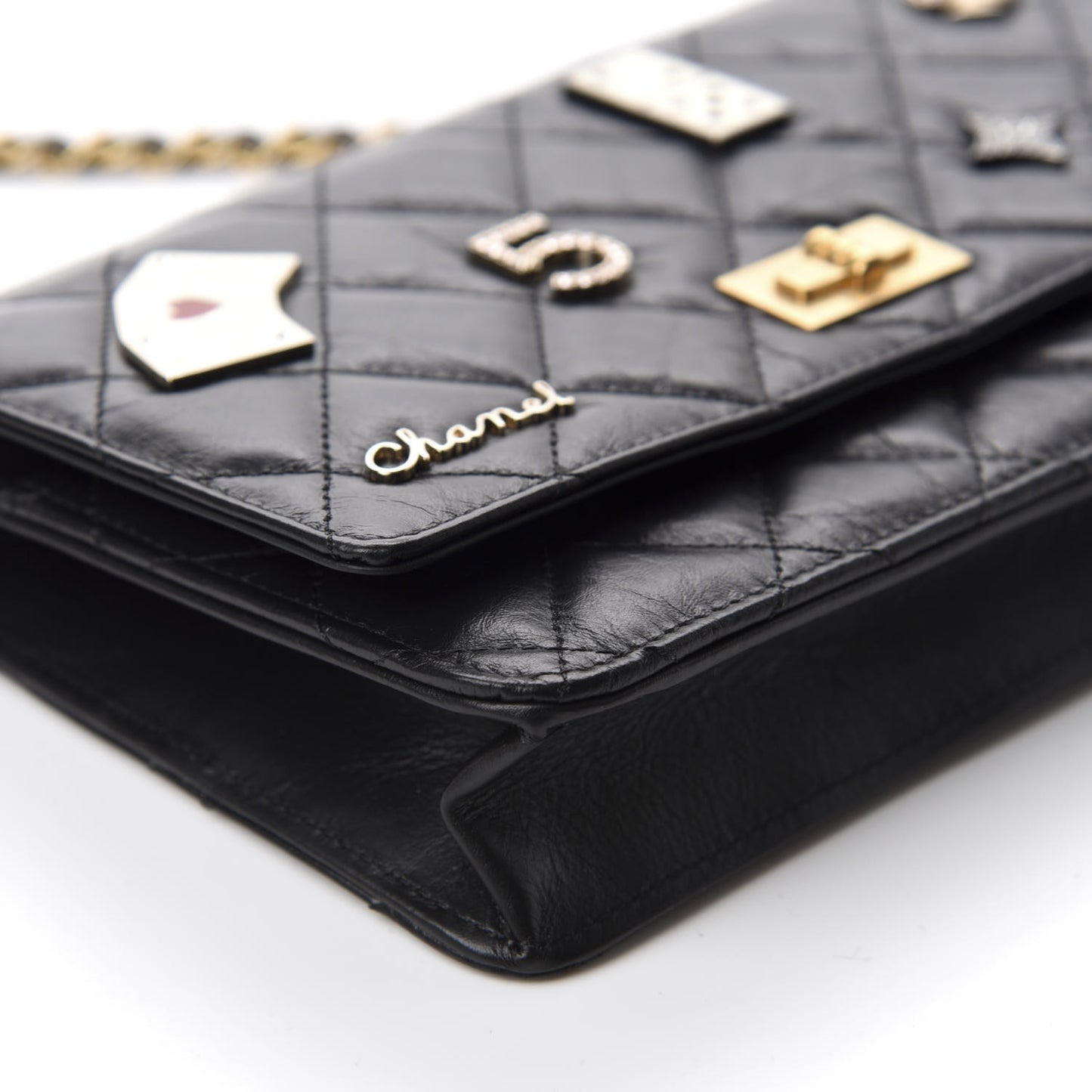 Aged Calfskin Quilted Lucky Charms Casino 2.55 Reissue Wallet On Chain WOC Black