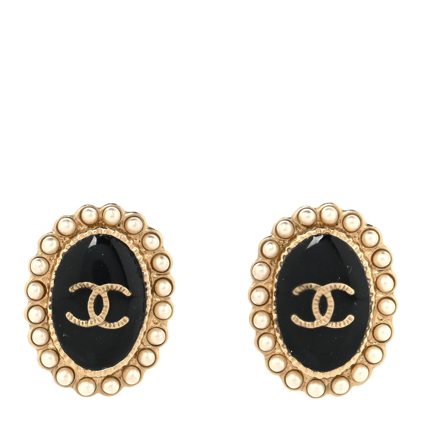 Pearl Enamel CC Oval Earrings Gold Black