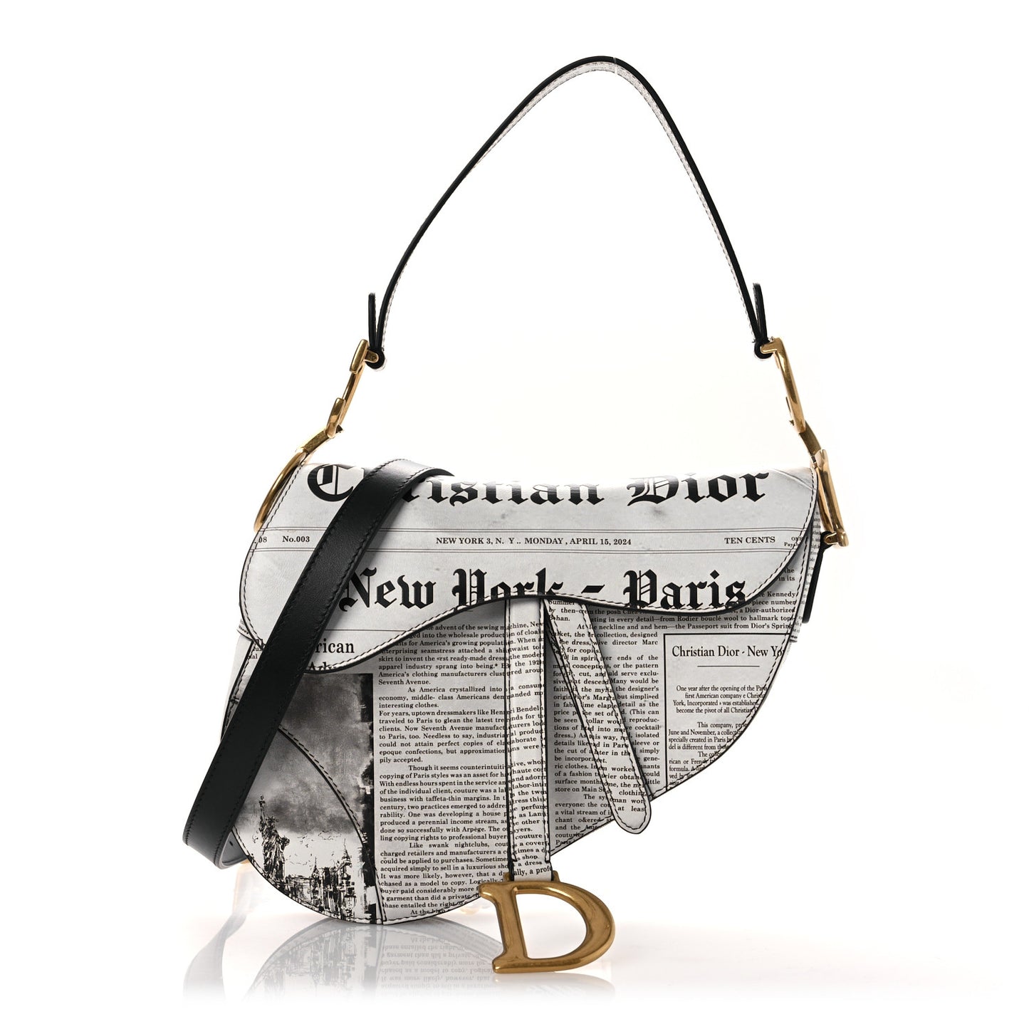 Calfskin Newspaper Printed Saddle Bag With Strap Black White
