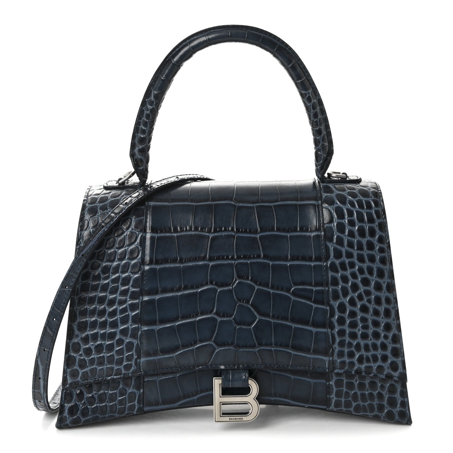 Balenciaga Shiny Calfskin Crocodile Embossed Medium Hourglass Top Handle Bag Denim Blue 1 of 9