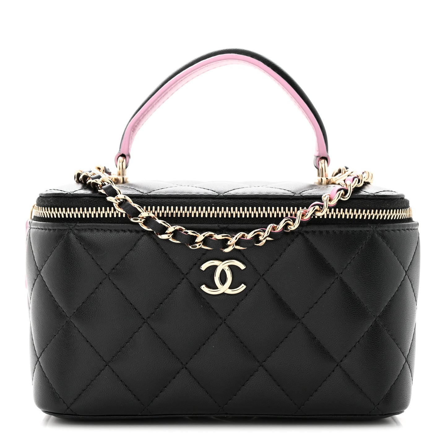 Lambskin Quilted Small Top Handle Vanity Case With Chain Black Lilac