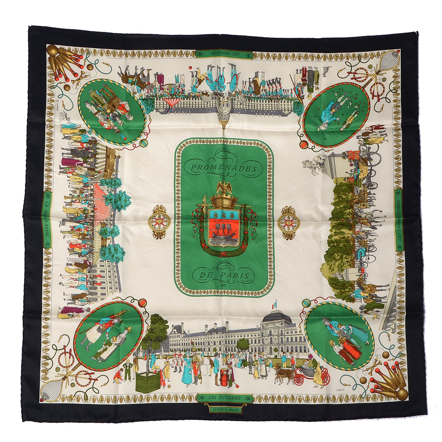 Silk Promenades de Paris Scarf 70 Black Creme Emeraude