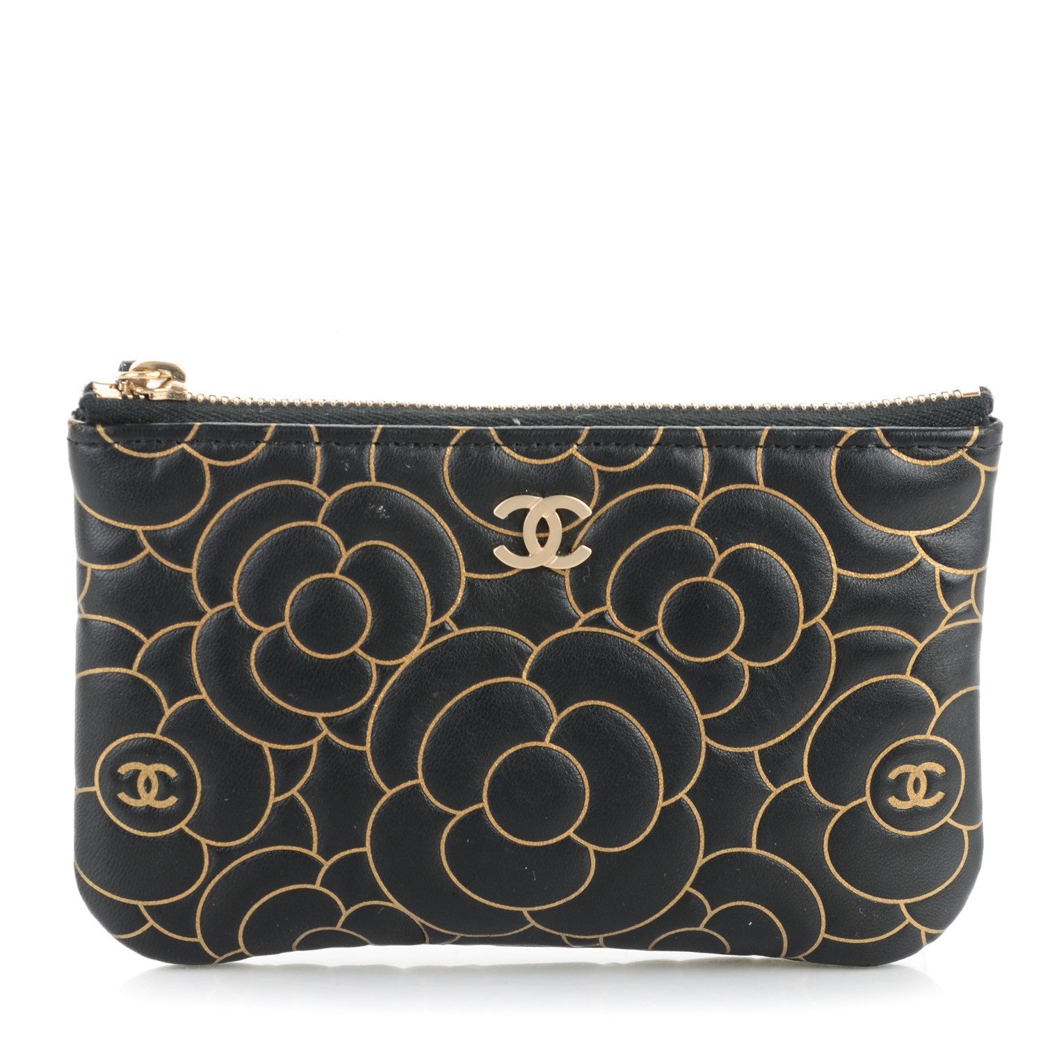 Chanel Lambskin Camellia Embossed Cosmetic Pouch Black Gold 1 of 7