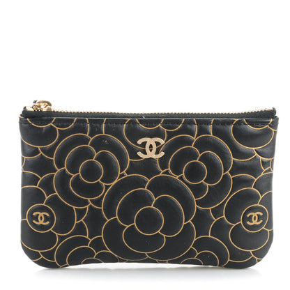Chanel Lambskin Camellia Embossed Cosmetic Pouch Black Gold 1 of 7