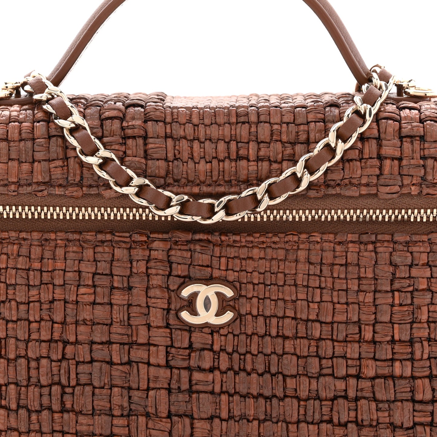 Braided Raffia Quilted Top Handle Slim Vanity With Chain Brown