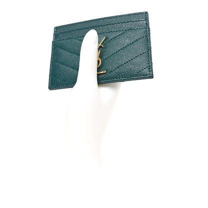 Saint Laurent Grain De Poudre Matelasse Chevron Monogram Credit Card Case Peacock Green 2 of 7