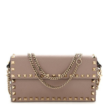 Valentino Garavani Pebbled Calfskin Rockstud Flap Wallet On Chain Poudre 1 of 9