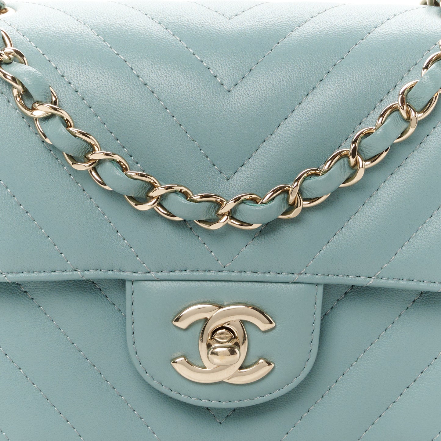 Lambskin Chevron Quilted Mini Rectangular Flap Light Blue