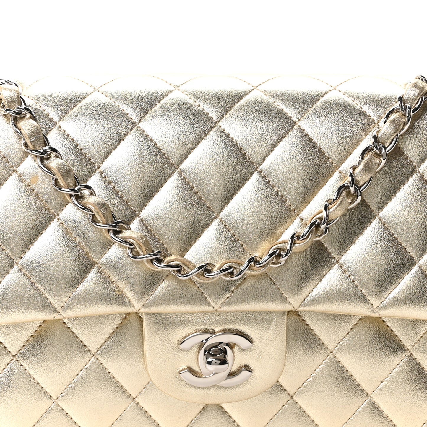 Metallic Lambskin Quilted Medium Double Flap Pale Gold
