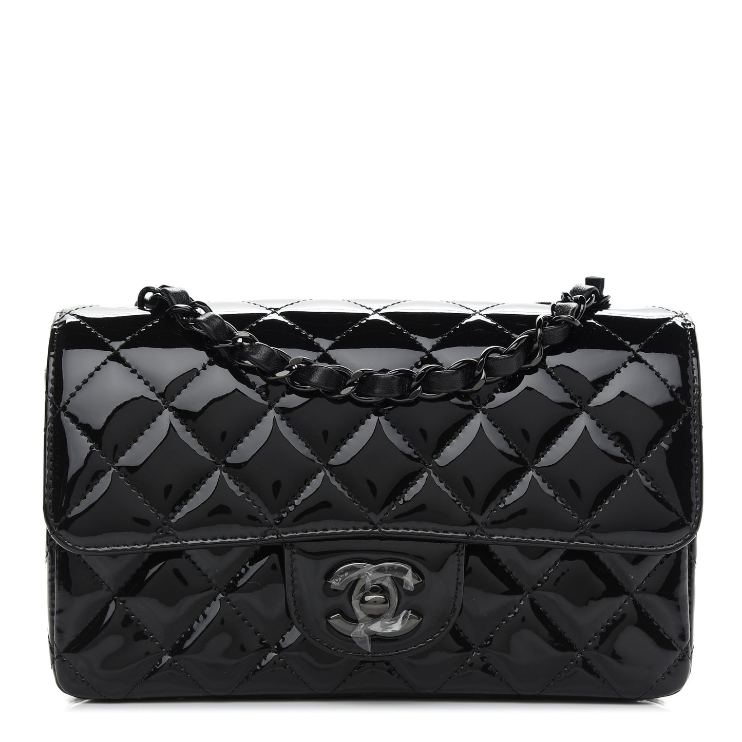Patent Calfskin Quilted Mini Rectangular Flap So Black