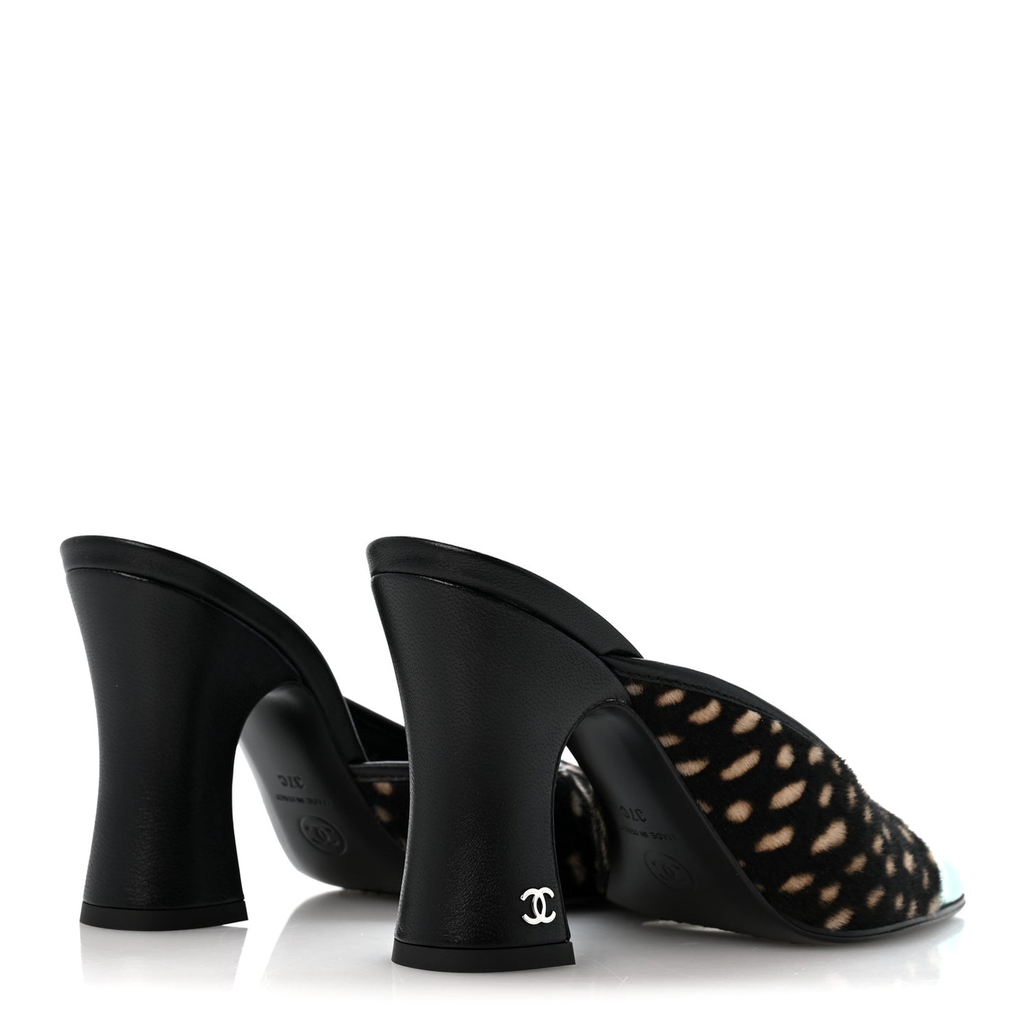 Pony Hair Lambskin Patent Calfskin Cap Toe Mules 37 Black White Green
