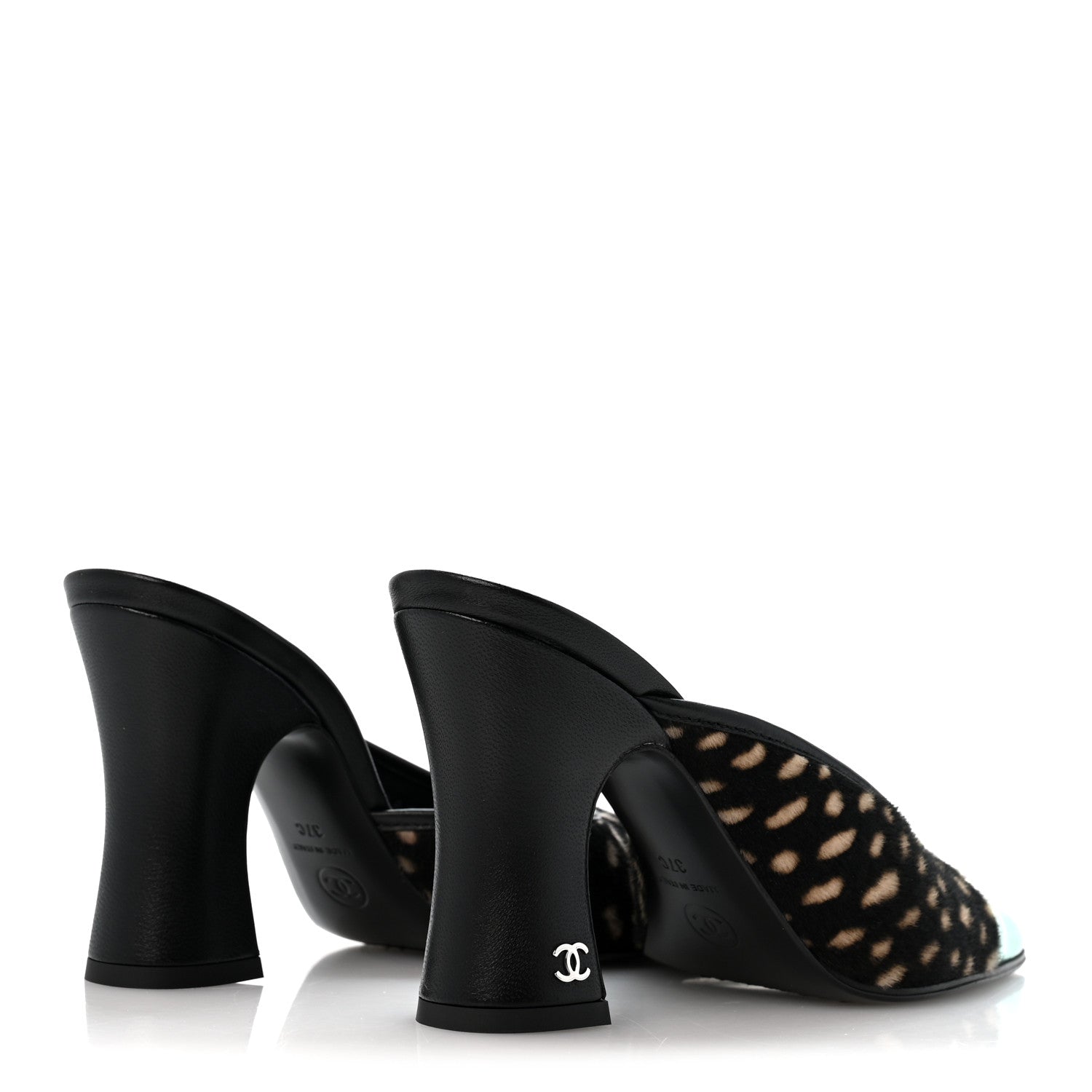 Chanel Pony Hair Lambskin Patent Calfskin Cap Toe Mules 37 Black White Green 5 of 10
