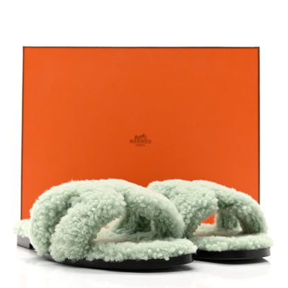 Hermes Woolskin Oran Sandals 37.5 Vert D’Eau 8 of 8