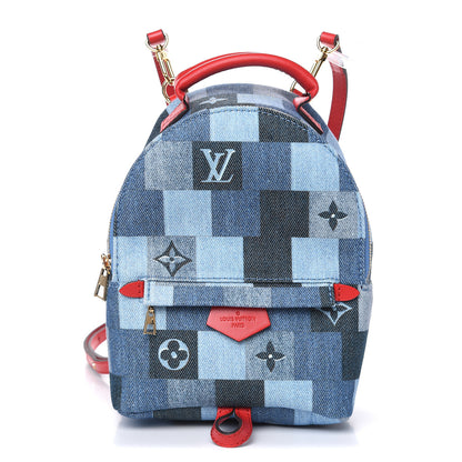 Louis Vuitton Denim Damier Monogram Patchwork Palm Springs Backpack Mini Blue Rouge 1 of 10