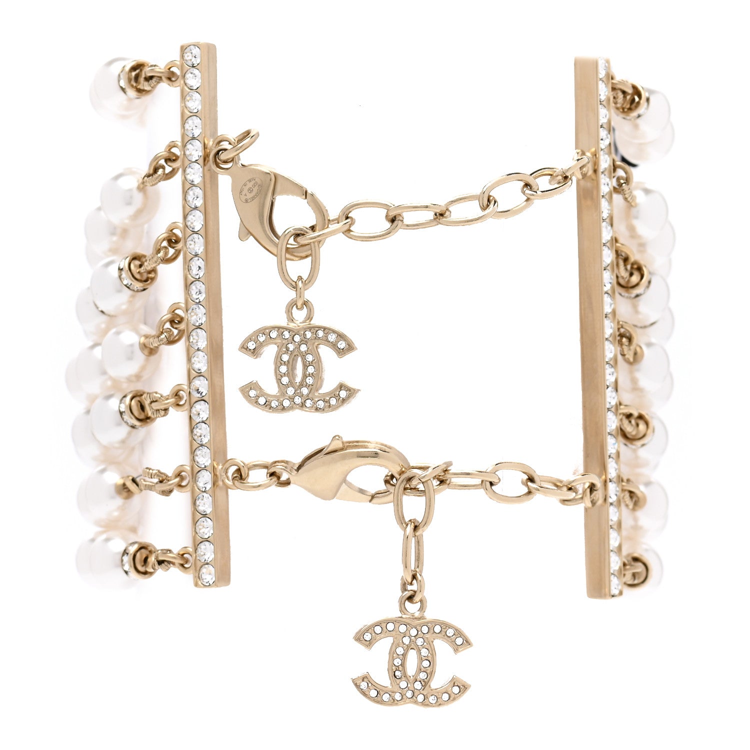 Chanel Pearl Crystal CC Multistrand Bracelet Gold White 3 of 4