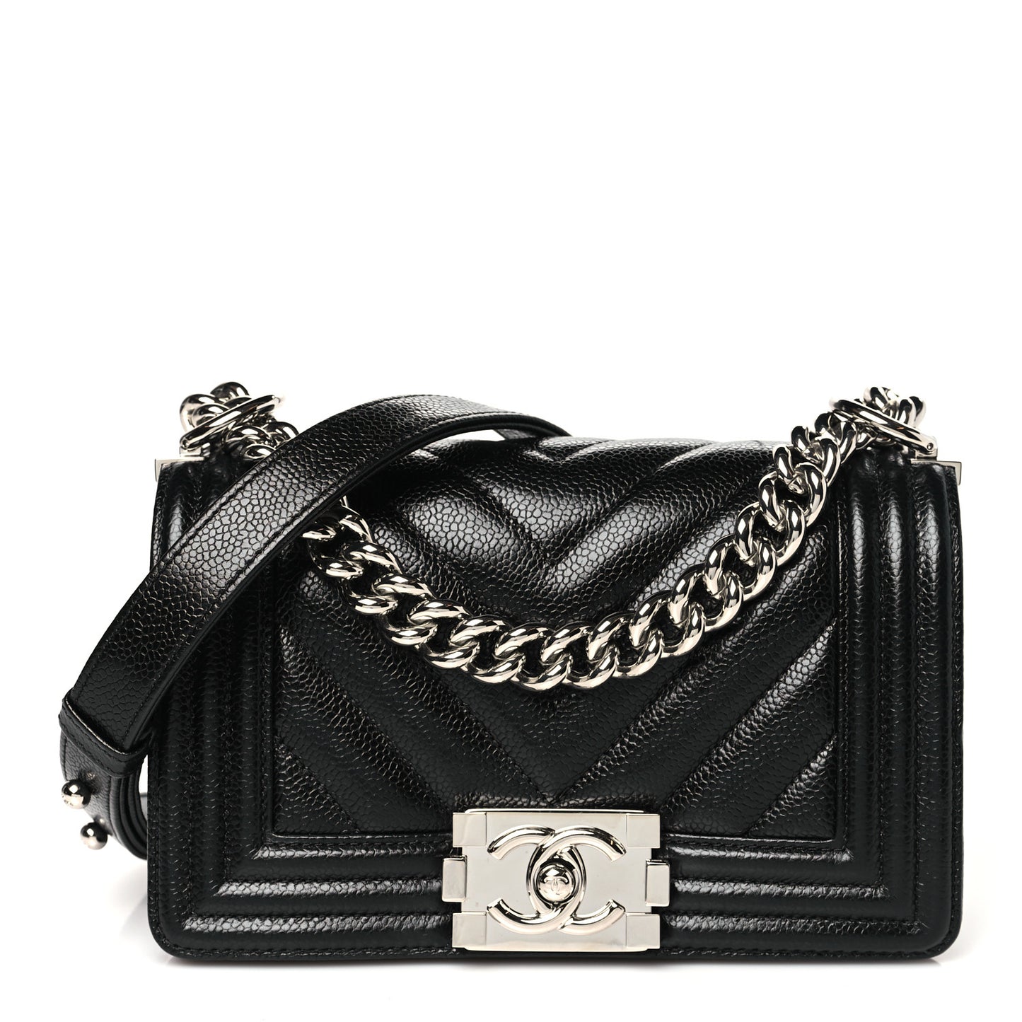 Caviar Chevron Quilted Small Boy Flap Black