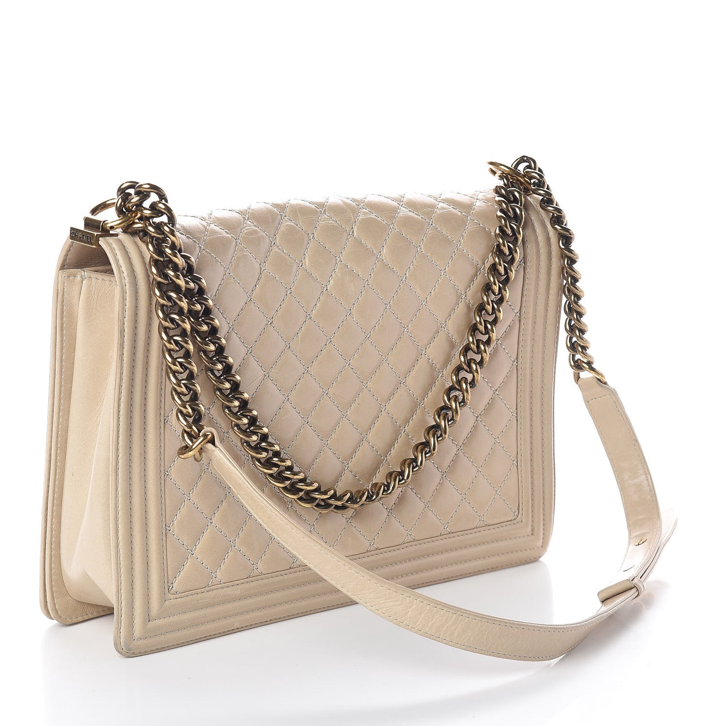 Glazed Calfskin Quilted Large Boy Flap Beige