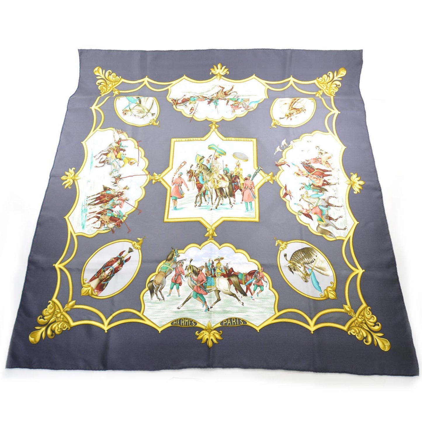Silk Les Chevaux des Moghols Scarf 90 Navy