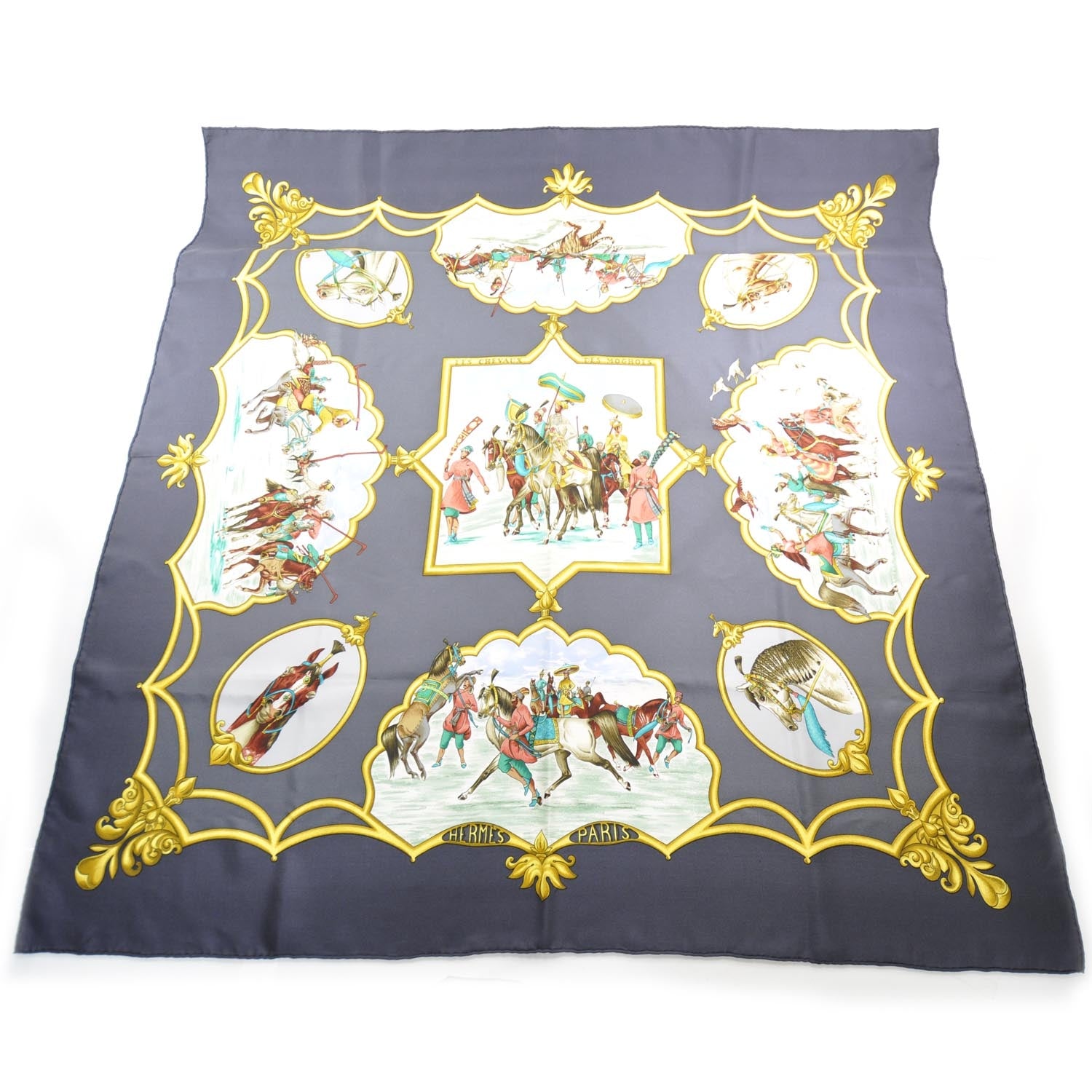 Hermes Silk Les Chevaux des Moghols Scarf 90 Navy 1 of 5