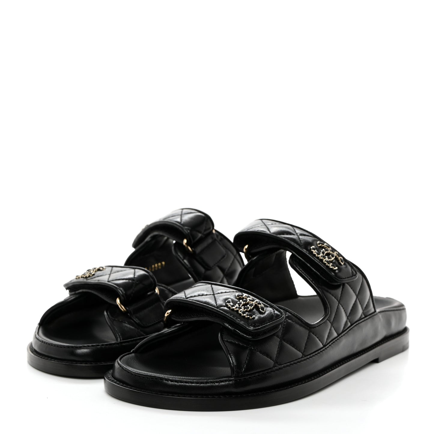 Lambskin Quilted Velcro Dad Chain CC Slide Sandals 39 Black