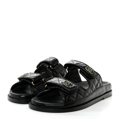 Chanel Lambskin Quilted Velcro Dad Chain CC Slide Sandals 39 Black 3 of 9